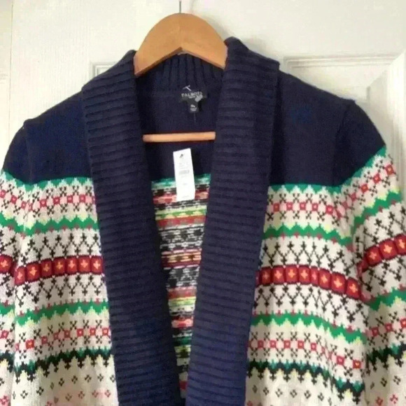 Talbots Navy Blue Fair Isle Shawl Collar Open Front Cardigan Sweater Sz P/MEDIUM - Picture 3 of 8
